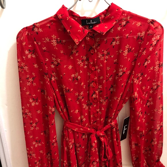Flirt fest red floral print long sleeve midi - Picture 5 of 7